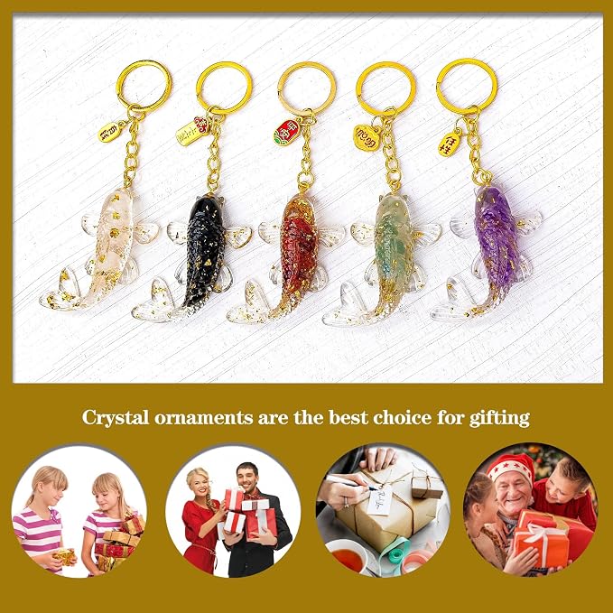5 PCS Key Chain Natural Crystal Crushed Stone Resin Koi Fish Keychains Resin Handicrafts Car Bag Hangers Buckles Pendants Animal Gifts (5pcs-Fish, 1.37 ")