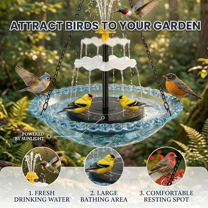 Solar Cascade Hanging Bird Bath Fountain, Solar Fountain Pump with 8 Nozzles, Hanging Bird Bath with Water for Outdoors Garden Patio Backyard Lawn Decor (Blue)