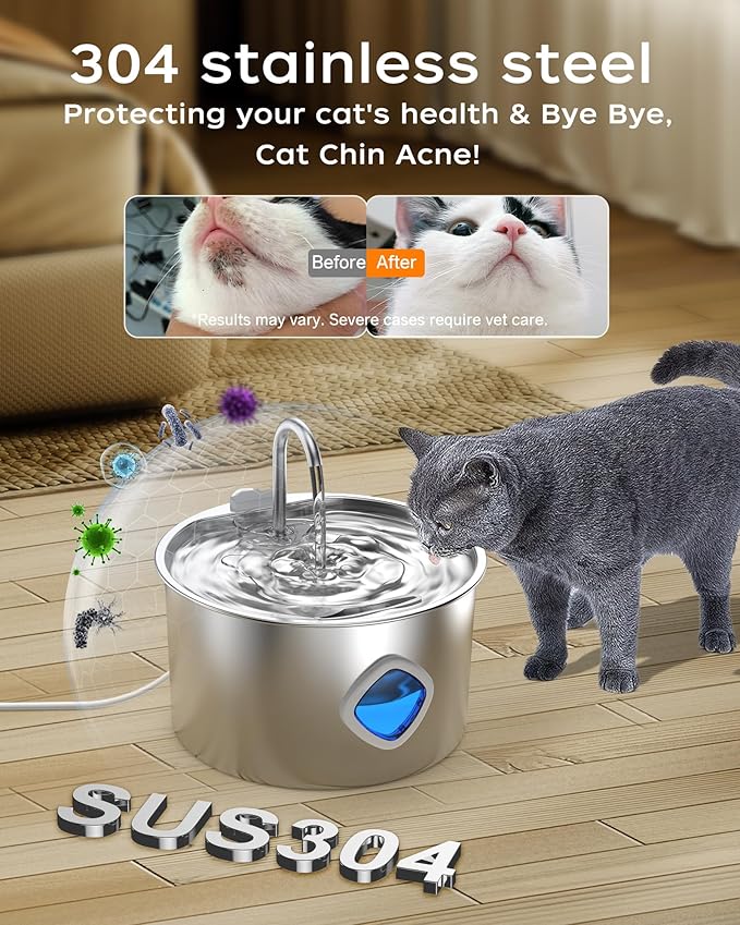 Cat Water Fountain Stainless Steel - 108oz/3.2L Pet Gift Dog Water Dispenser Automatic Silent Cats Dispenser for Drinking Indoor Metal Kitty Spout Fountains (Cat Fountains 2 Filters + 2 Sponges)