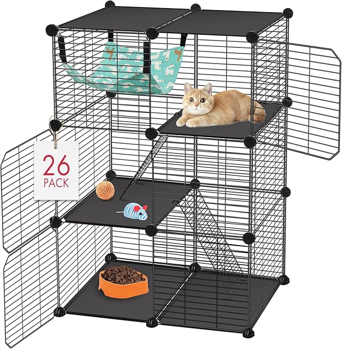 VISCOO Cat Cage, 3-Tier DIY Catio Cat Enclosures, 24" x 16" x 36" Cat Playpen Indoor & Outdoor with Hammock, Detachable Metal Wire Kennel Cats Crate, 2x1x3 Exercise Place for 1-2 Kitten