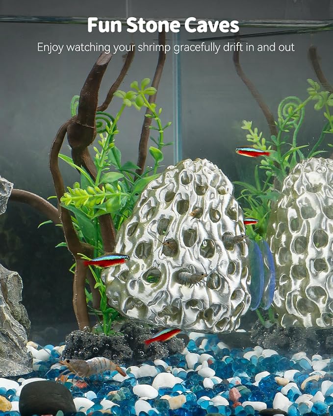Uniclife Shrimp Cave, Shrimp Hides for Aquarium, Realistic Plastic Aquarium Coral Rock Decorations with Suction Cup, Betta Hideout Tank Accessories for Fish Tank Decor, Gold-to-Silver Gradient
