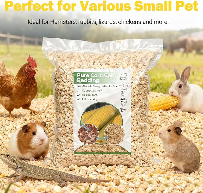 ‌Natural Corn Cob Pet Bedding - 44oz Premium Small Animal Bedding for Hamsters, Birds, Reptiles & More, Absorbent & Odor-Control