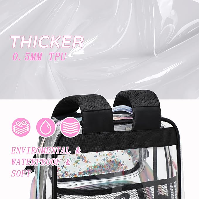 Clear Backpack for School,Large Bookbag Heavy Duty See Through Butterfly Backpacks for Girls Stadium Approved Daypack Transparent Shoulder Bags for Students,Teens,Women,Work,Travel,Concert Black
