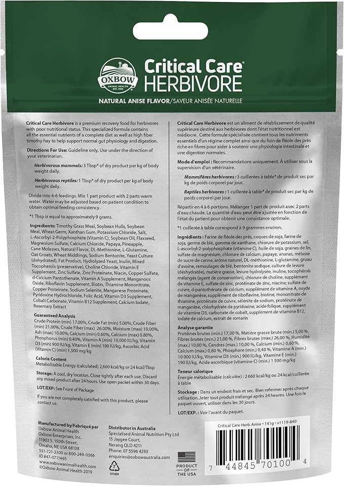 Oxbow Critical Care Herbivore, Emergency Guinea Pig Food, Rabbit Food for Recovery, Made with Timothy Hay, Anise Flavor, Critical Care for Guinea Pig Emergency Kit, 141 gram bag