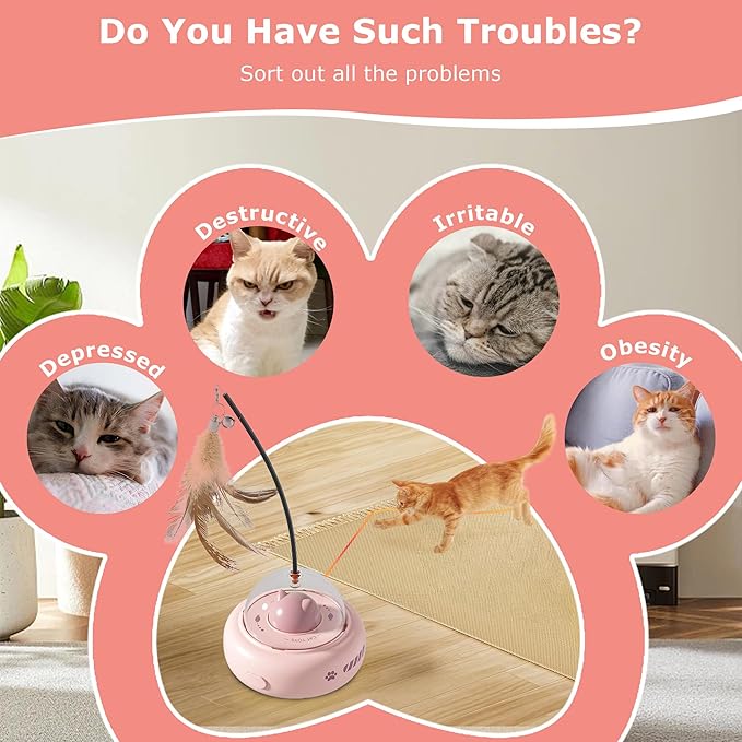 hooroor 2-in-1 UFO Laser Cat Toy with Feather, Automatic Motion Smart Sensor Interactive Toy for Indoor Cats&Small Dogs, Rechargeable Obstacle-Avoidance Exercise Toy, Self-Play Pet Gift Pink Updated