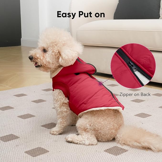 Vecomfy Fleece Lining Dog Hoodie with Harness Built in,Extra Warm Small Dog Jacket in Winter Puppy Coats with Hooded,Red M