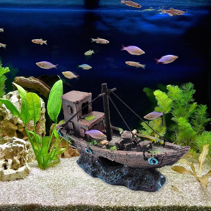kathson Aquarium Shipwreck Decor Fish Tank Sunken Ship Ornament Pirate Shipwreck Decoration Resin Sunken Boat Betta Fish Sunken Ships Accessories for Freshwater Saltwater Tanks, Dark Brown