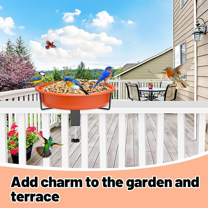 Bird Baths for Outdoors, Rustproof Metal Clamp Birdbaths & Birdfeeder with Detachable Plastic Basin, Outdoor Bird Feeding & Watering Station for Wild Birds Garden Patio Balcony (Brown)