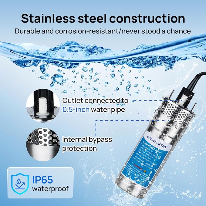 ECO-WORTHY 12V DC Submersible Deep Well Pump, IP65 Waterproof, MAX Flow 3.2GPM, Max Head 230ft, Water Pump Powered by Solar or Battery for Irrigation, Deep Well Water Extraction, Off-Grid Use