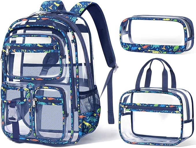 Fimibuke Clear Backpack for Boys, 3PCS Heavy Duty PVC Transparent Boys Backpack with Lunch Box & Pencil Case, School Stadium Event Approved Toddler School Bookbag for Preschool Kindergarten Elementary