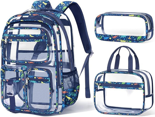 Fimibuke Clear Backpack for Boys, 3PCS Heavy Duty PVC Transparent Boys Backpack with Lunch Box & Pencil Case, School Stadium Event Approved Toddler School Bookbag for Preschool Kindergarten Elementary