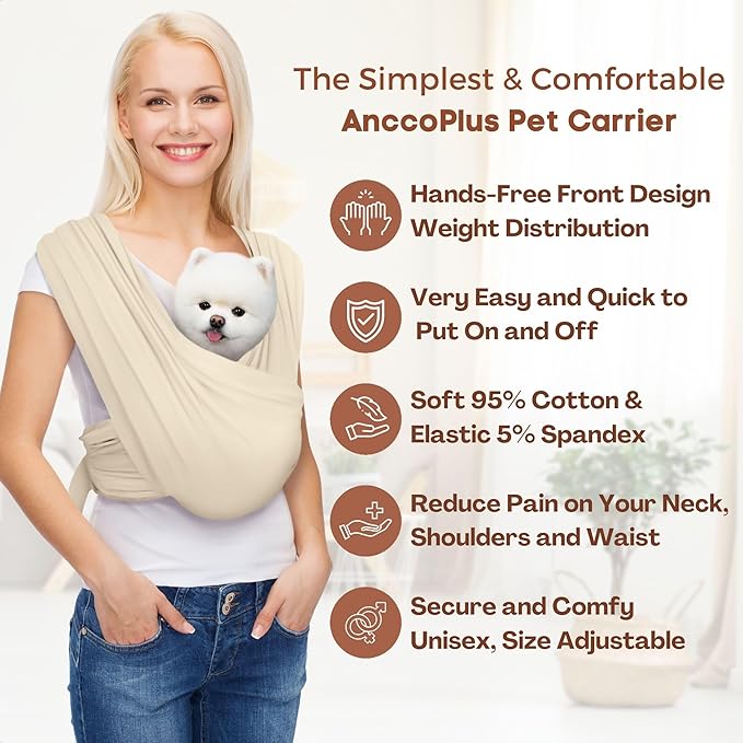 AnccoPlus Dog Carriers for Small Dogs, Front Facing Dog Sling Carrier, Hands Free Cat Carrier, Size Adjustable, Reducing Back Pain, Premium Cotton, Safe and Soft Dog Carrier (Plus, Beige)