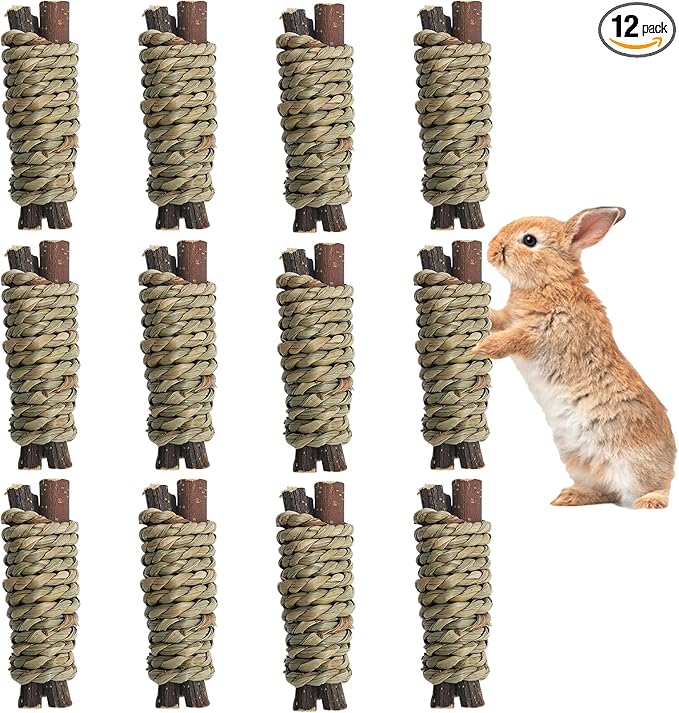 Fhiny 12 PCS Guinea Pigs Chew Toys, Natural Apple Branch Seagrass Molar Sticks for Teeth Bunny Chew Toys Cage Accessories for Guinea Pigs Rabbit Bunny Hamster Chinchilla