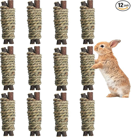 Fhiny 12 PCS Guinea Pigs Chew Toys, Natural Apple Branch Seagrass Molar Sticks for Teeth Bunny Chew Toys Cage Accessories for Guinea Pigs Rabbit Bunny Hamster Chinchilla