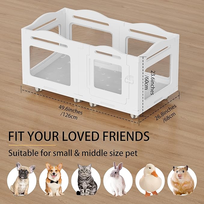 Acrylic Indoor Dog Playpen, Whelping Box with Pet Stroller, Puppy Playpen for Small Medium Pets, Cat Rabbit & Puppies, 6-Panel with Bottom Panel, 8 Wheels, Safe, Sturdy, White