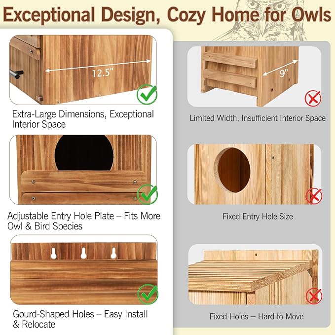 Large Owl House for Outdoors, 17" x 12.5" x 12.5" Premiun Wooden Owl Boxes for Outside, Bird Nesting Box - Habitats for Barn, Screech, Boreal, Saw - Whet & Elf Owls