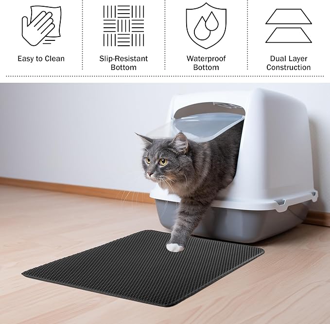 Cat Litter Mat - 24x15 Waterproof Litter Box Mat with Dual-Layer Honeycomb Design for Trapping Litter - Slip-Resistant Cat Mat by PETMAKER (Black)