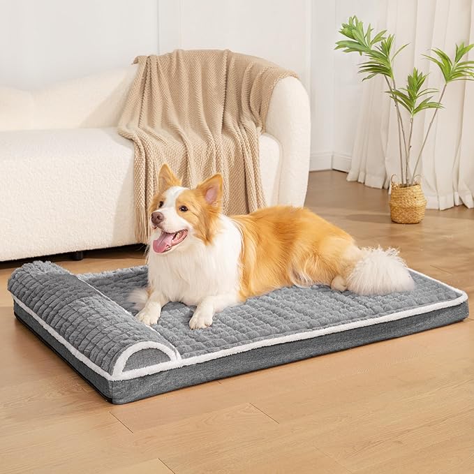 Orthopedic Jumbo Dog Bed Large Sized Dog with Pillow 56''X40'' Waterproof Soft Comfortable Egg Crate Foam Pet Crate Beds Mat with Removable Washable Cover and Non-Slip Bottom, Gray