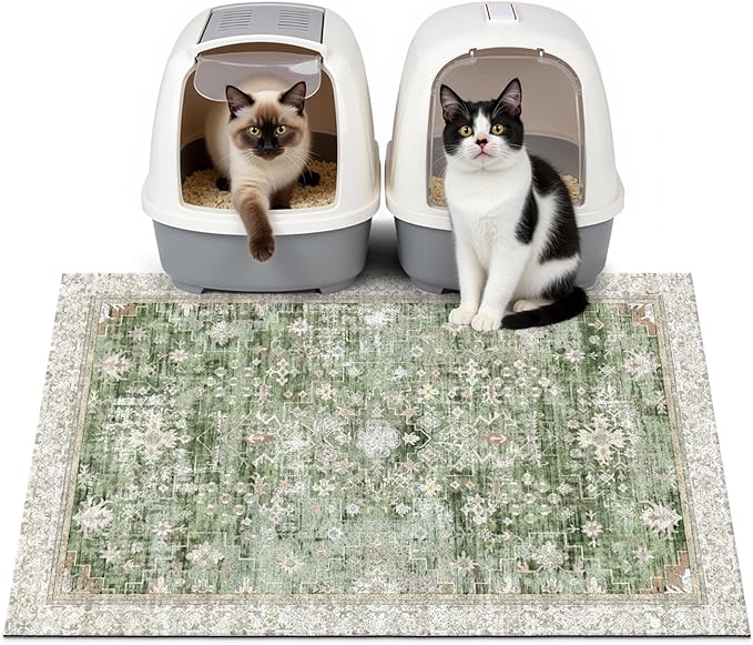 Cat Litter Mat Litter Trapping Mat, 33"x22" Waterproof Urine Proof Litter Box Mat Catcher Mat Non-Slip Washable for Kitty Kitten, Green