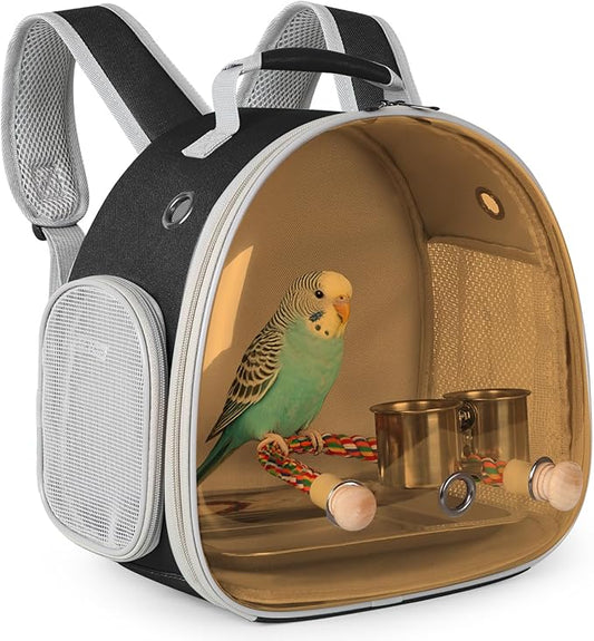 Bird Travel Backpack Carrier with Metal Tray and Standing Perch, Polarized Tint Brown Space Capsule Astronaut Bubble Hard Window