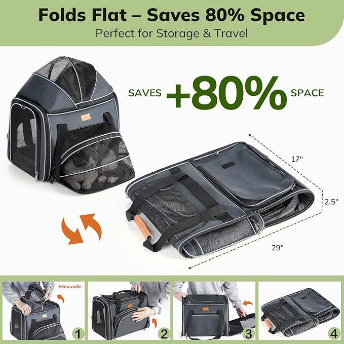 Morpilot Top and Side Expandable Cat Carrier, Collapsible Soft-Sided Pet Carrier for Medium/Large Cats and Puppies up to 20lbs for Car Rides and Vet Visits, with Dual-Sided Cushion& Bowl (Dark Gray)