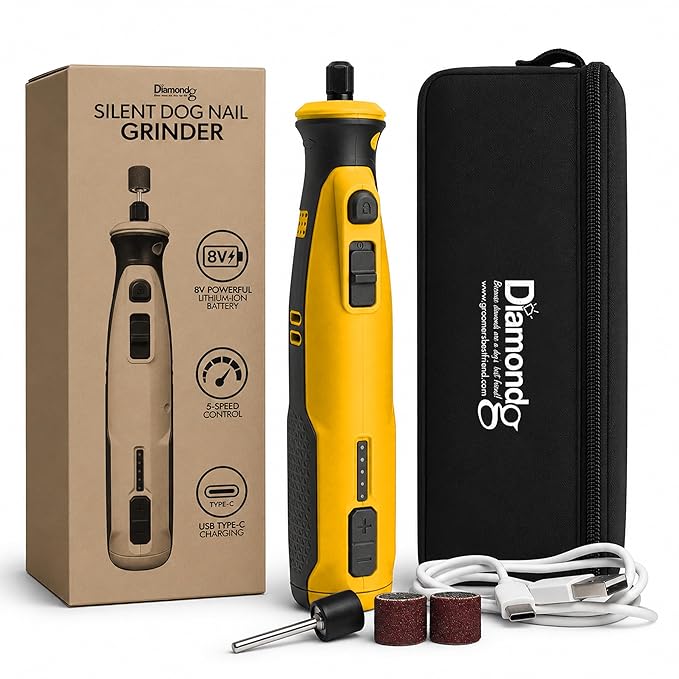 Diamondg Cordless Dog Nail Grinder with Quiet Sound & LED Tip for Large & Small Dogs, 4hrs. Runtime - Electric Dog Nail Trimmer, Heavy Duty Rotary Tool Alternative to Toenail Clippers & Filers