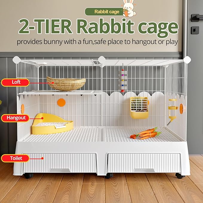 Oneluck Large Rabbit Cage Indoor,2-Story Bunny Hutch with Rasied Urine-Proof Walls, Leak-Proof Trays, Wheels,37" L x22 W x 30" H for Rabbits, Chinchillas, Guinea Pig and Small Animals