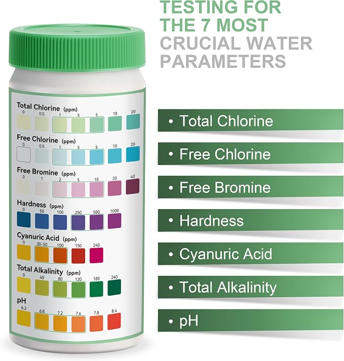 AAwipes Pool and Spa Test Strips 7 in 1 | 50 Pool Water Testing Kit for Pool, Hot tub | Accurate Test Bromine, Total Alkalinity, pH, Free Chlorine, Hardness, Cyanuric Acid, Total Chlorine (K01-50)