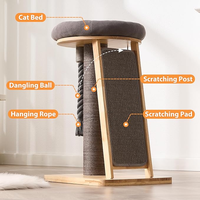 Modern Cat Tree Small Tower with Scratching Post for Indoor, Solid Wood Multifunctional Corner Cat Tree Tower with Bed, Dangling Ball,Interactive Rope, Scratching Board