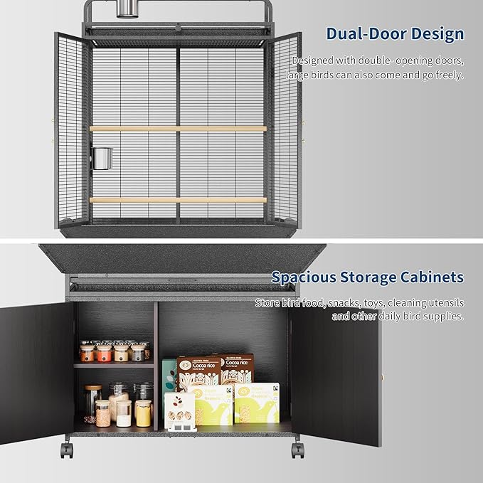 Garvee 71" H Rolling Bird Cage,Large Rolling Birdcage with Top Stand & Storage Cabinet,Black Walnut Wood Parakeet Cage for Macaw Parrot Cockatiel Budgie