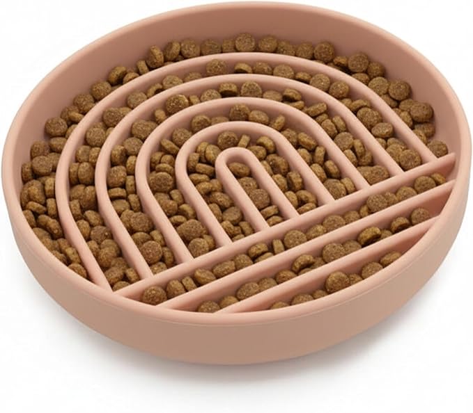 Should We Go? Slow Feeder for Dogs & Puppies, The Slowdown Bowl Silicone Slow Eating, Modern Lick Mat Design, Reduces Gulping, Fits 2 Cups, 7.5” Across x 1.5” Tall, Mealtime Challenge, Medium-Blush
