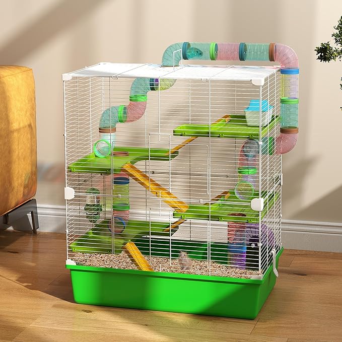 PawHut Extra Large 23" Hamster Cage with Tubes and Tunnels, Portable Carry Handles, Rat House and Habitats Big 5-Tier Design, Mouse Cage Includes Exercise Wheel, Water Bottle, Food Dish, Green
