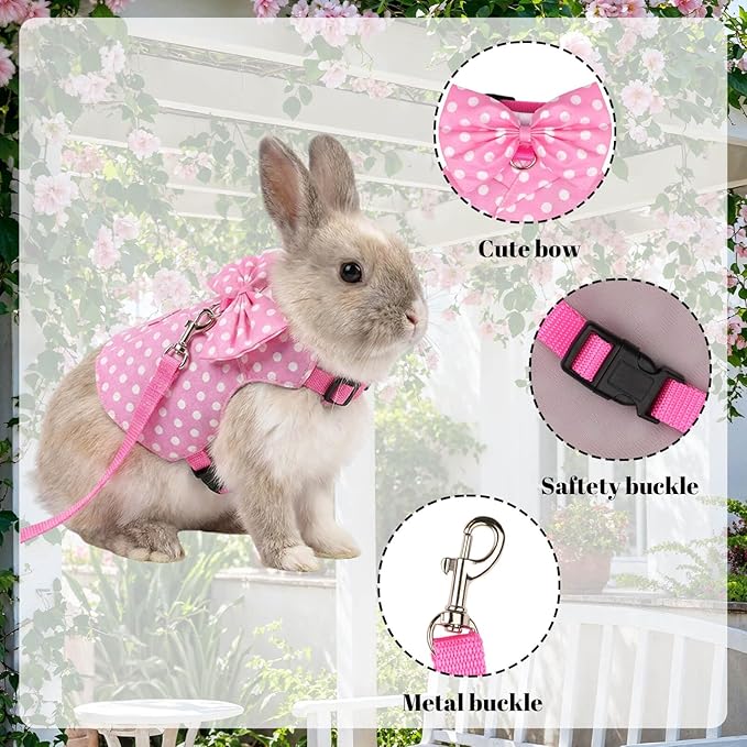 Bunny Harness and Leash Set, Soft Mesh Rabbit Harness with Bow, Adjustable Escape Proof Vest for Small Pets Rabbits Kittens Guinea Pigs (Pink Polka Dots, S)