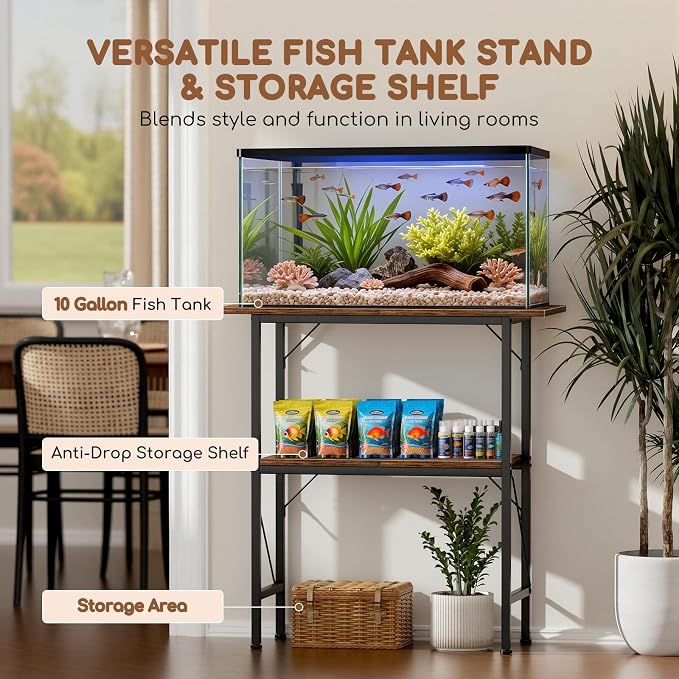 10-30 Gallon Fish Tank Stand with Storage Shelves, 2-Tier Aquarium Stand with Metal Frame, Heavy Duty Reptile Turtle Tank Stand for Home Office, 30" L x 11.8" W x 30.5" H, Rustic Brown
