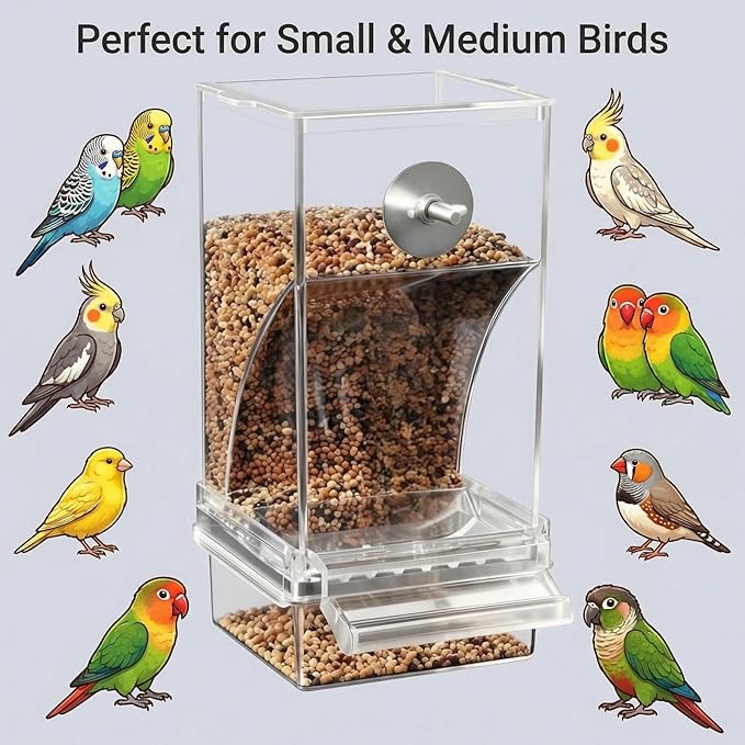 Clear Acrylic Bird Feeder, No Mess Automatic Cage Dispenser for Small Medium Birds, Gravity Food Container Seed Bowl for Parakeet Cockatiel Canary Lovebird Parrot Finches