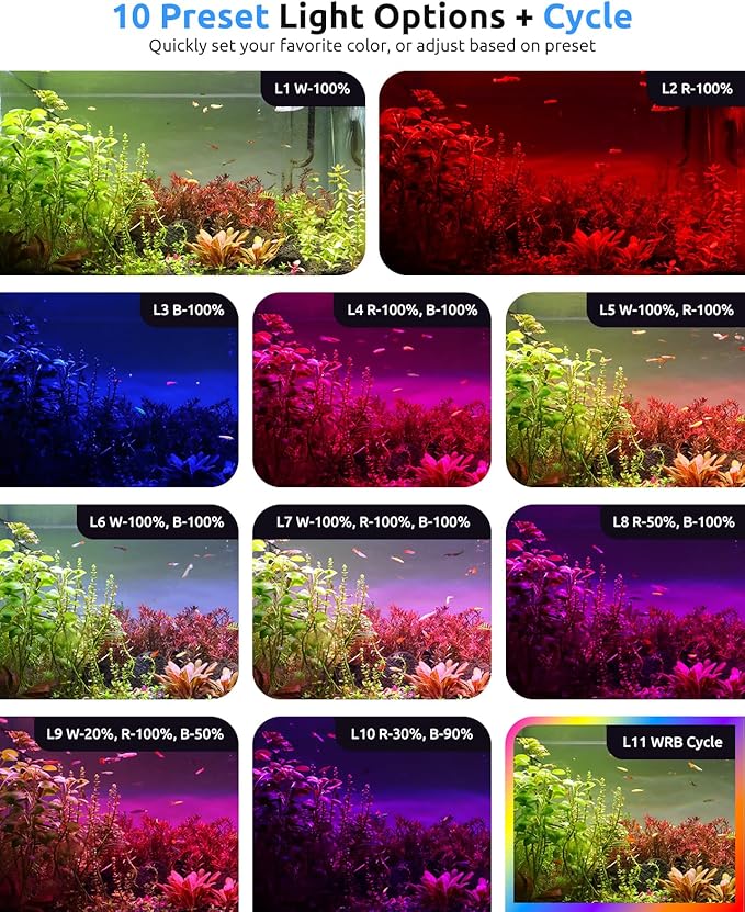 SEAOURA Aquarium LED Light for 12-18in Freshwater Tank, Full Spectrum Aquarium Light for Plant Growth, 6H/8H/12H Timer, WRB 3 Channel Customizable, 10 Brightness & 11 Colors, Adjustable Bracket