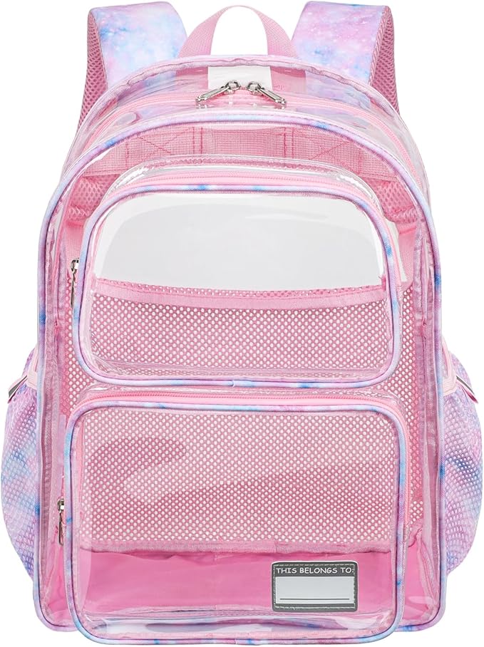 Clear Backpack for Girls, 15 Inch Heavy Duty Transparent Bookbag for Kindergarten to 2nd Grade, PVC See Through Daypack with Reflective Straps, Fits Standard Folders, Pink Tie-dye