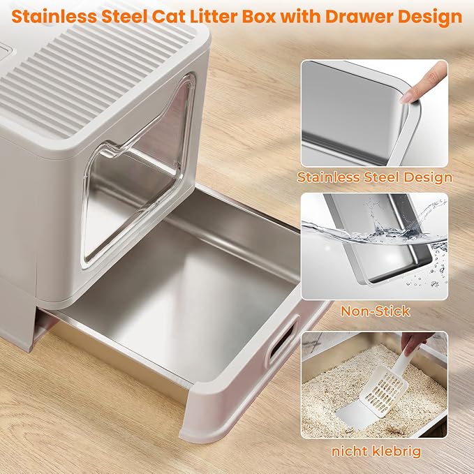 Stainless Steel Cat Litter Box with Lid and Drawer, Enclosed XXL Litter Box for Large Cats Includes Litter Mat & Scoop