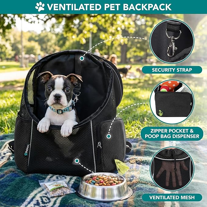 PetAmi Dog Front Carrier Backpack, Ventilated Adjustable Dog Pet Cat Chest Carrier Backpack, Dog Carrier for Hiking Camping Travel, Small Dog Puppy Medium Cat Carrying Bag, Max 14 lbs, Black