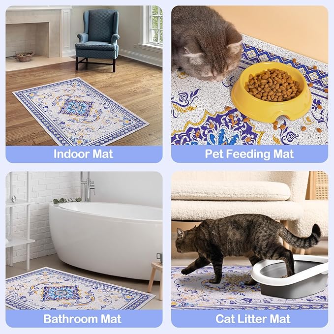 Glittme Cat Litter Mat with Non-Slip Bottom Litter Box Mat 47"X35" Litter Trapping Mat Easy to Clean Washable Cat Food Mat for Kitty,XXL