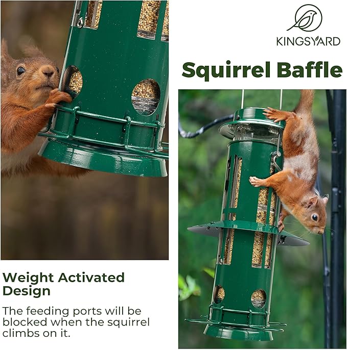 Kingsyard Squirrel Proof Bird Feeders with Weight-Activated Perches, Metal Wild Bird Feeder for Outdoors Hanging, 3 lb Large Seed Capacity, Green