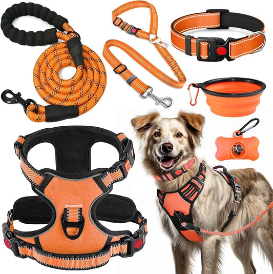 LOBEVE No Pull Dog Harness, Collar & Leash Set | Includes Dog Seat Belt, Collapsible Bowls & Poop Bag Dispenser. Ideal for Training, Walking, Hiking. Fits Small to Large Dogs(Orange-L)