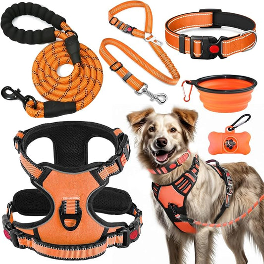 LOBEVE No Pull Dog Harness, Collar & Leash Set | Includes Dog Seat Belt, Collapsible Bowls & Poop Bag Dispenser. Ideal for Training, Walking, Hiking. Fits Small to Large Dogs(Orange-XL)