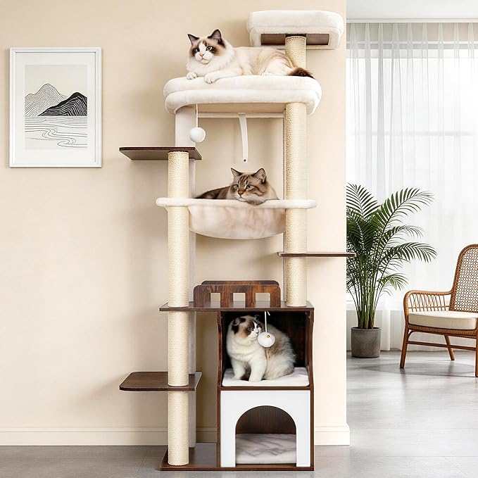 Gitelsnour Cat Tree, 70.9 Inch Wood Cat Tower for Large Cats Adult, Modern Cat Furniture with Double-Layer Wooden Cat Condo, 2 Platforms, Large Hammock and Scratching Posts, Rustic Brown GCT102SR