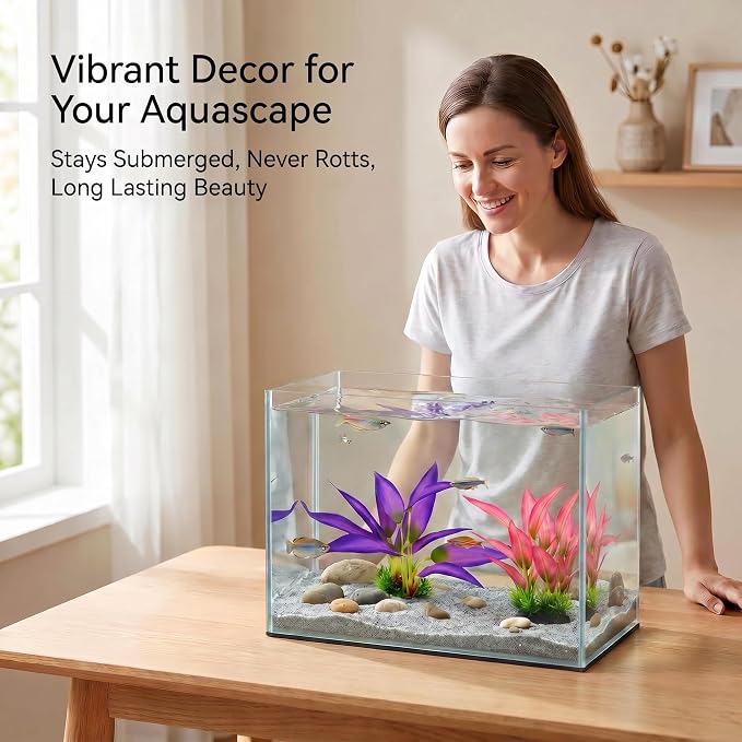 2 Pack Silk Aquarium Plants, 8 Inch Fish Tank Decor | Artificial Fish Tank Plants, Stable Rock Base, Soft Fabric Leaves, For Betta, Goldfish, Tropical Freshwater Aquariums