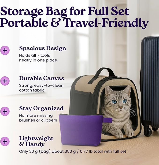 Cat Care Grooming Kit 6 in 1, Include: Nail Clipper, Brush for Shedding, Wand Toy, Interactive Ball Toy, Bath Brush, Ear Cleaner Finger Wipes (30ct.), Cat Grooming Supplies