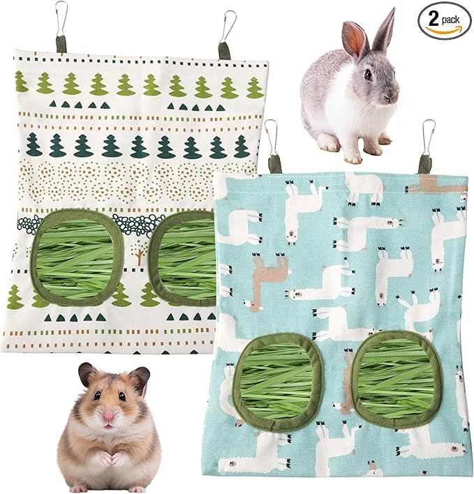 2 Packs Rabbit Hay Feeder Bag, Hanging Hay Feeders Washable 2 Hole Guinea Pig Hay Feeder Bag for Bunny Rabbits Chinchillas Hamsters Small Pets Animals
