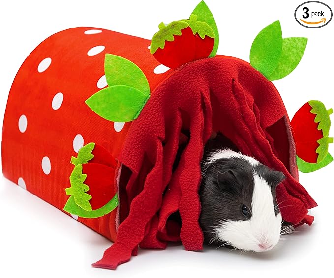 Guinea Pig Hideout - Soft Fleece Tunnel House for Rat Hamster Hedgehog Chinchilla Squirrel Samll Animals - Cute Strawberry Shapes Bedding Cage Accessories for Sleeping Rest Playing