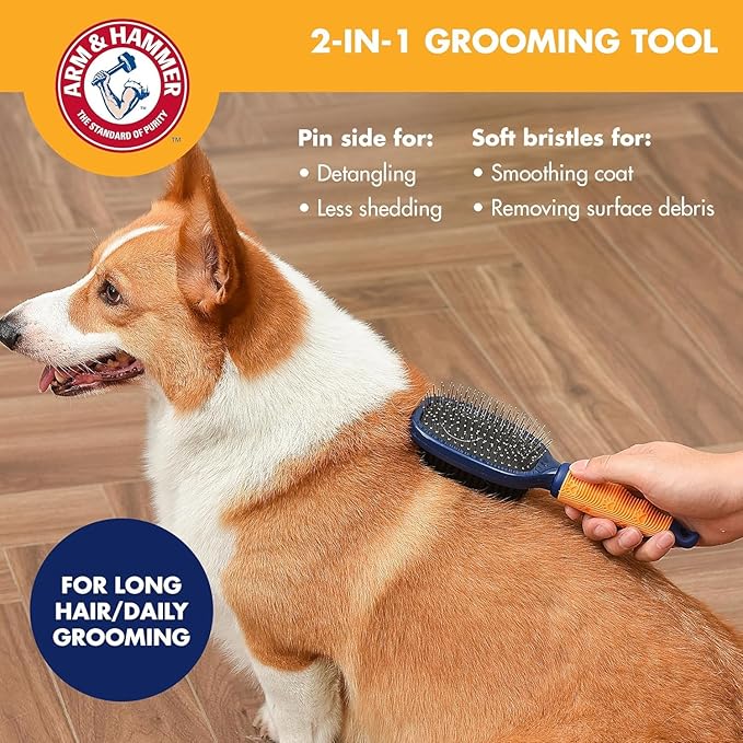 Arm & Hammer Deodorizing 2-in-1 Pin & Bristle Dog Brush, Fragrance Transfer Technology with Baking Soda, Detangling & Shedding, Dog Grooming Brush for Long Hair, Sweet Lily & Vanilla Scent - 2 Pack