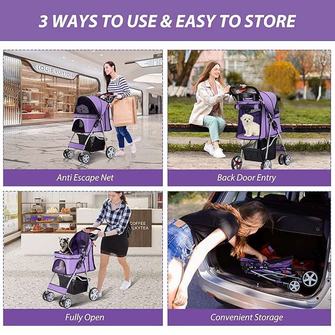 Unisakey 4 Wheels Pet Stroller for Small Medium Dogs Cats 10-33 lbs, Foldable Dog and Cat Stroller with Cup Holder & Storage Basket & Breathable Mesh, Pet Strolling Cart for All-Season, Purple